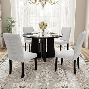 Merax 5-Piece Round Dining Table Set, Modern 4 Upholstered Chairs for Living,Kitchen Room, 43 Inch, Beige+Black