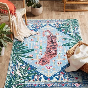 Washable Blue Rugs Thin Oriental Boho Vintage Tropical Jungle 6x9 Area Rugs for Bedroom Kitchen Dining Living Room Office Distressed Indoor Plant Entry Carpet