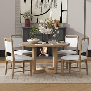 Merax 5-Piece Retro Dining Set, Round Table Top with Radial Wood Grain Design and 4 Upholstered Chairs for Dining Room and Kitchen, Natural Wood Wash