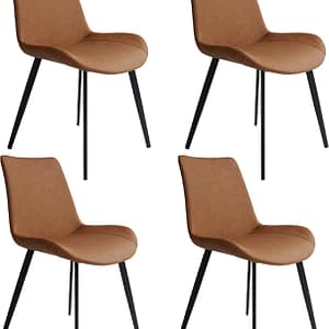 Modern Dining Chairs Set of 4, Upholstered Faux Leather Cushion Seat and Sturdy Metal Legs (4 Brown Chairs)