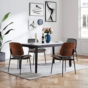 LUNLING Mid Century Modern Retro Faux Leather Dining Chairs Set of 4 with Walnut Bentwood Upholstered Seat Metal Legs Adjustable Foot (Black)