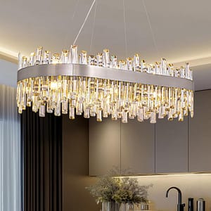 Siljoy Modern Crystal Chandelier 16 Lights Polished Chrome Rectangular K9 Crystal Raindrop Chandelier Luxury Oval Adjustable 2-Tiers Pendant Ceiling Light for Dining Living Room Kitchen Island L35.4''