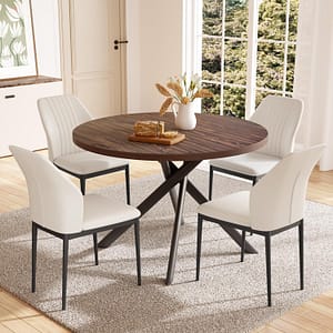 45.3'' Walnut Round Dining Table Set for 4, Mid Century Modern Small Coffee Set for Dining Room Kitchen Apartment (Walnut Table + 4 White Chairs)