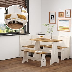 Farmhouse Breakfast Nook table Set, Dining Nook Set with Corner Bench, Space-Saving Mid Century Modern Small Dining Table Set, Solid Wood Kitchen Nook Set, Kitchen Table Corner set (Storage-WN)