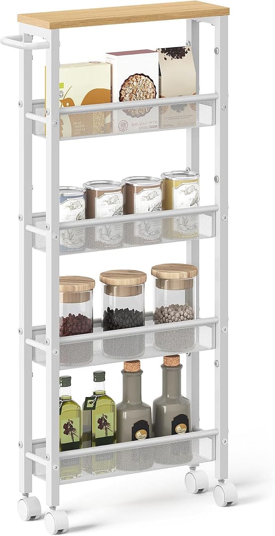 VASAGLE Slim Rolling Cart, 5-Tier Storage Cart, Narrow Cart with Handle, 5.1 Inches Deep, Metal Frame, for Kitchen, Dining Room, Living Room, Home Office, Oak Beige and Classic White ULRC034W09