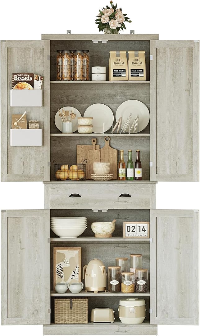 IRONCK Kitchen Pantry Storage Cabinet 83.9″ H, with Barn Doors, Drawer, 4 Adjustable Shelves, Freestanding Cupboard for Dining Room Living Room, Laundry, Rustic Maple