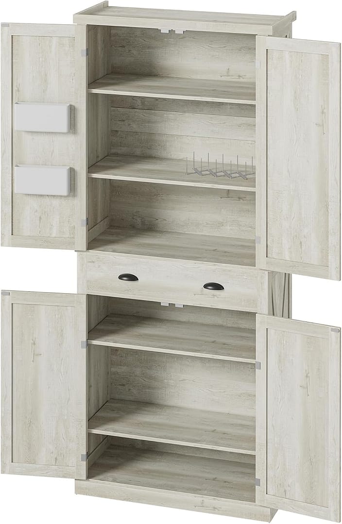 IRONCK Kitchen Pantry Storage Cabinet 83.9" H, with Barn Doors, Drawer, 4 Adjustable Shelves, Freestanding Cupboard for Dining Room Living Room, Laundry, Rustic Maple
