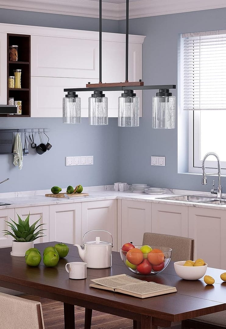 Amico Dining Room Light Fixture 4-Light Kitchen Island Lighting with Adjustable Rods, Farmhouse Decor Black Metal & Wood Chandelier with Seeded Glass Shade, Island Lights for Kitchen