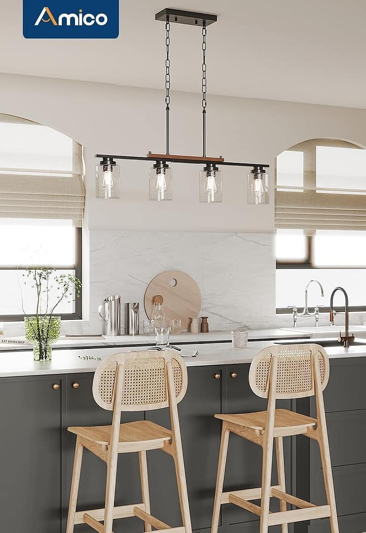 Amico Dining Room Light Fixture 4-Light Kitchen Island Lighting with Adjustable Rods, Farmhouse Decor Black Metal & Wood Chandelier with Seeded Glass Shade, Island Lights for Kitchen