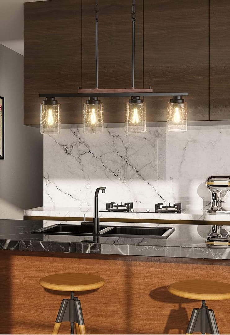 Amico Dining Room Light Fixture 4-Light Kitchen Island Lighting with Adjustable Rods, Farmhouse Decor Black Metal & Wood Chandelier with Seeded Glass Shade, Island Lights for Kitchen