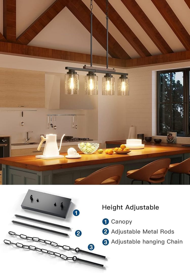 Amico Dining Room Light Fixture 4-Light Kitchen Island Lighting with Adjustable Rods, Farmhouse Decor Black Metal & Wood Chandelier with Seeded Glass Shade, Island Lights for Kitchen