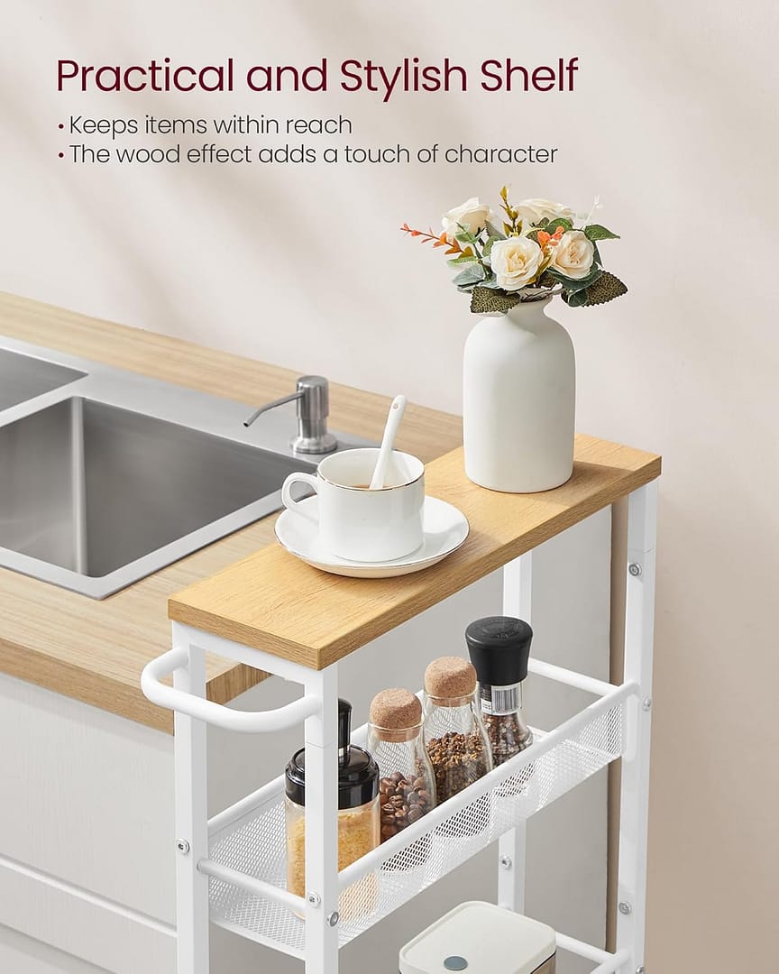 VASAGLE Slim Rolling Cart, 5-Tier Storage Cart, Narrow Cart with Handle, 5.1 Inches Deep, Metal Frame, for Kitchen, Dining Room, Living Room, Home Office, Oak Beige and Classic White ULRC034W09