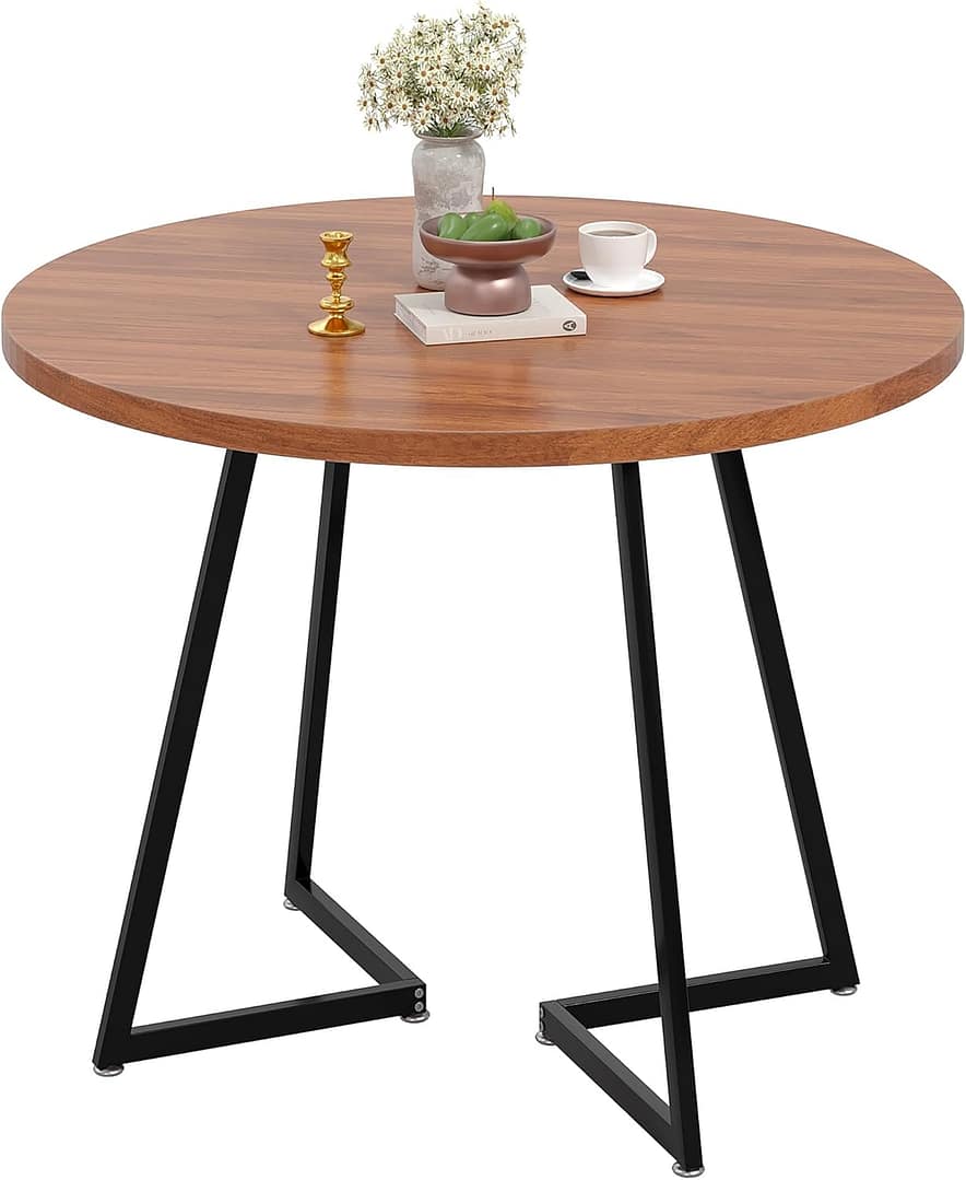 VECELO 35" Round Dining Table for 4, Wood-Grain Tabletop & Heavy-Duty Steel Frame, for Kitchen, Living Room, Easy Assembly, Walnut