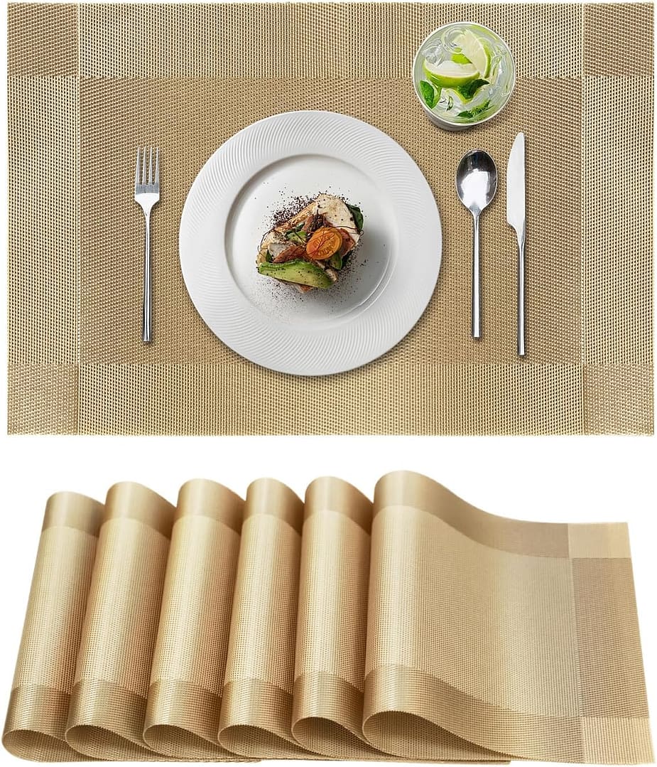 FGSAEOR Placemats Set of 6, Place Mats for Kitchen Dining Table, Heat-Resistant Anti-Skid Stain Washable PVC Table Mats, Easy to Cleaning Woven Vinyl Dinner Mats, Gold