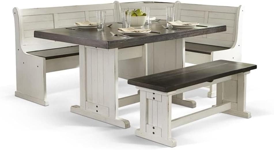 Pemberly Row Farmhouse Wood Kitchen Corner Breakfast Dining Nook Set with Hidden Storage in Off White Dark Brown