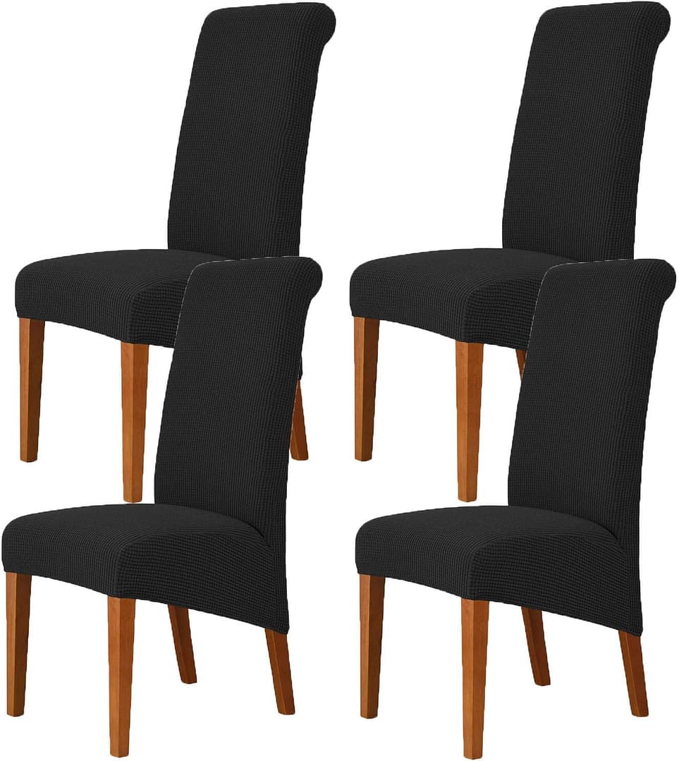 Deisy Dee Stretch XL/Oversized Soft Spandex Extra Large Dining Room Chair Covers for Kitchen DiningRemovable Washable Chair Protectors Slipcovers (Black, 4)