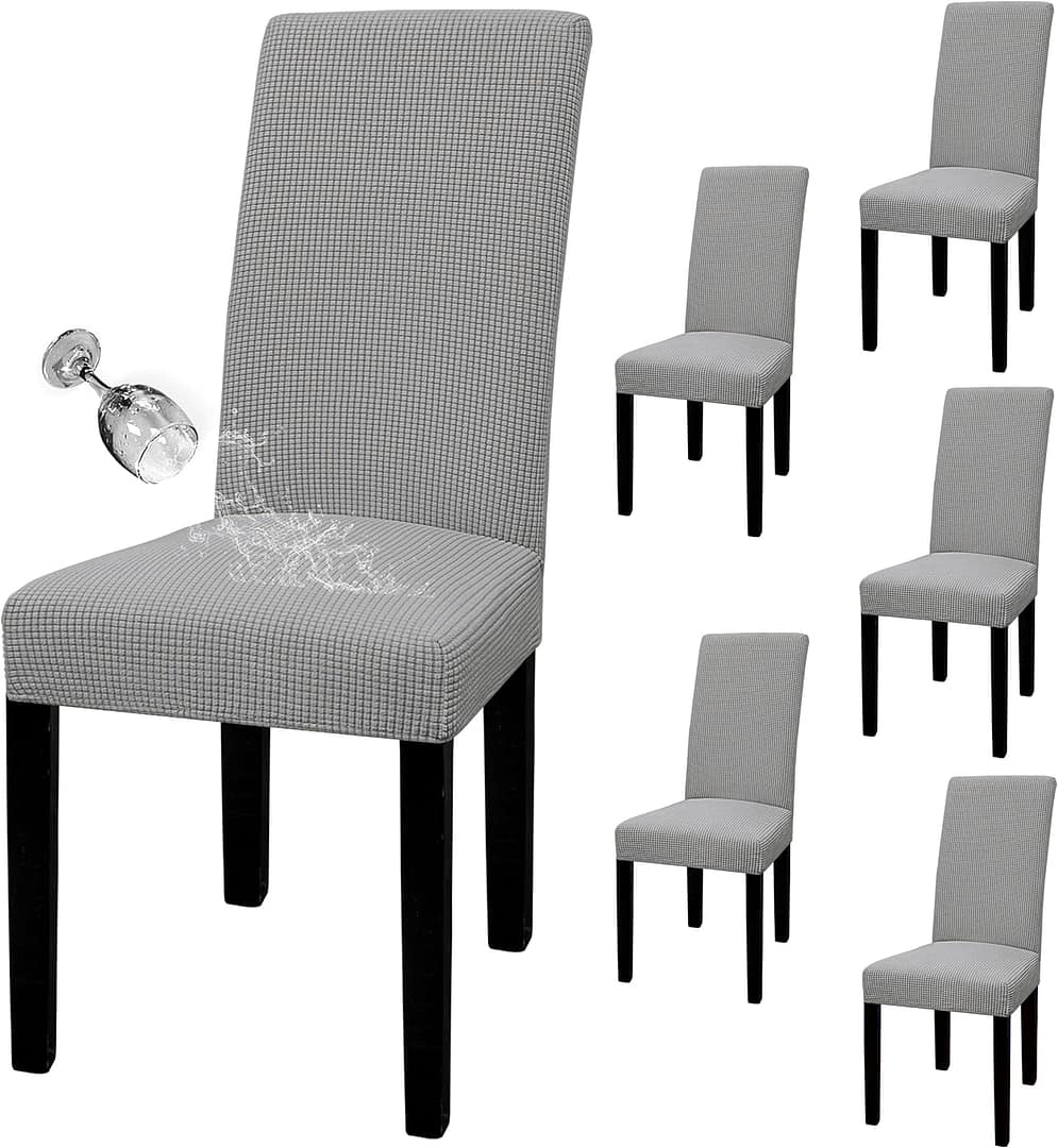 Easy-Going 100% Waterproof Dining Room Chair Cover Set of 6, Stretch Jacquard Parson Chair Slipcover Removable Washable Chair Protector for Home, Restaurant, Banquet (Large, Light Gray)