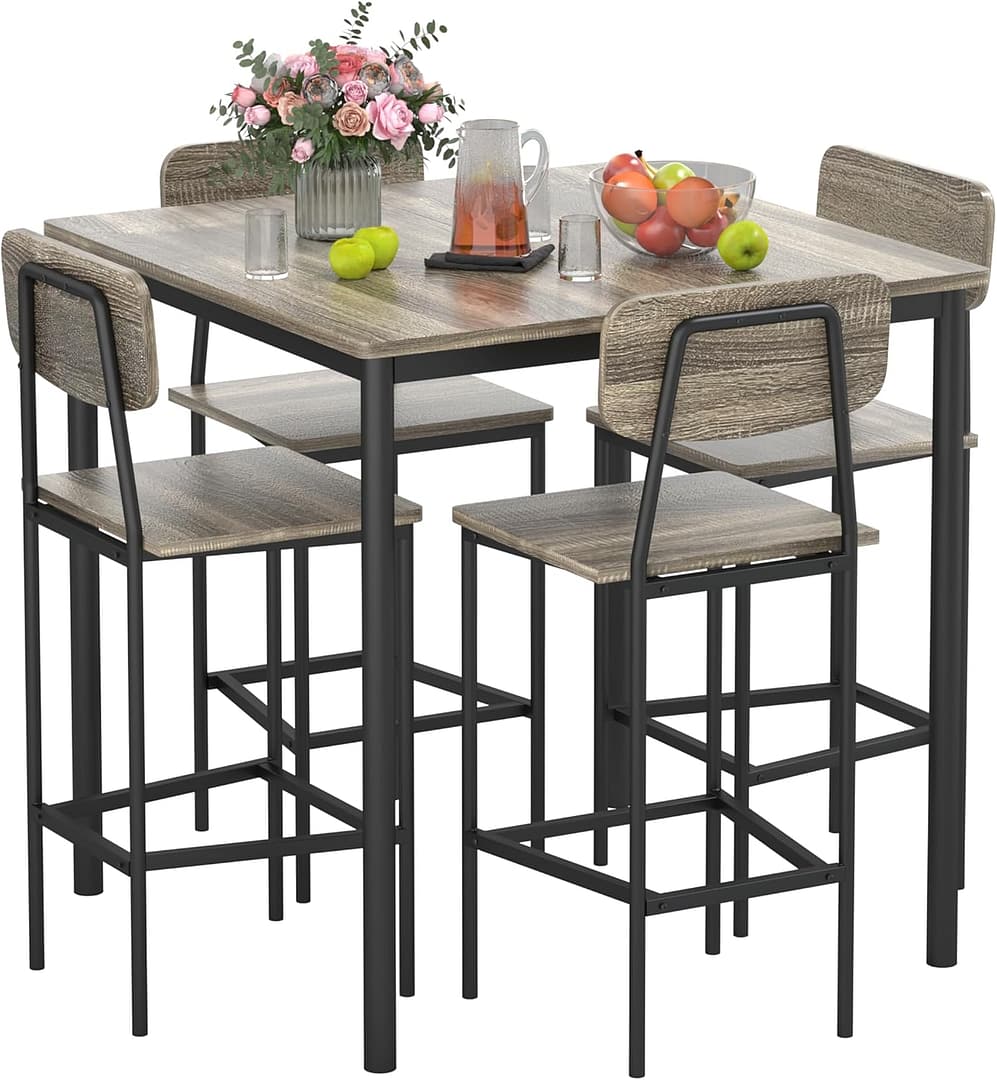 Kitchen Table Chairs Set of 4, Dining Table Set for 4 with Space-Saving Design, Industrial Dining Room Table Set for Family Dinner, Party, Gray