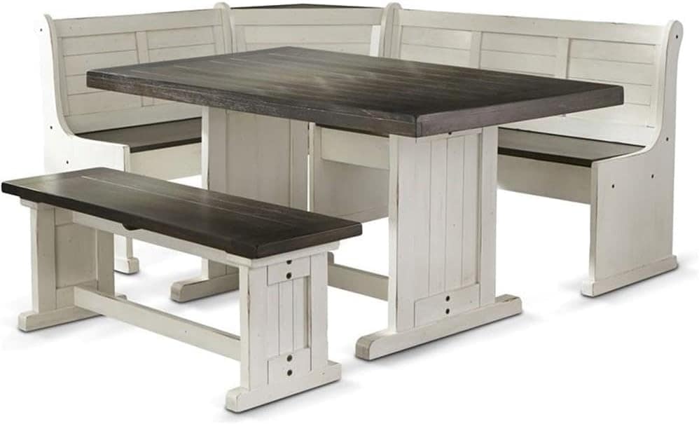 Pemberly Row Farmhouse Wood Kitchen Corner Breakfast Dining Nook Set with Hidden Storage in Off White Dark Brown