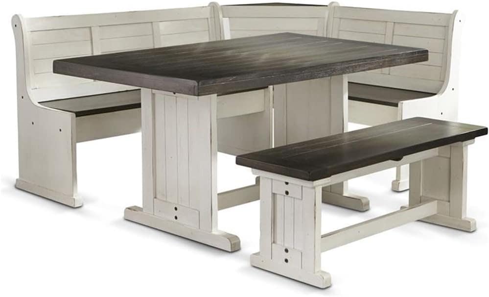 Pemberly Row Farmhouse Wood Kitchen Corner Breakfast Dining Nook Set with Hidden Storage in Off White Dark Brown
